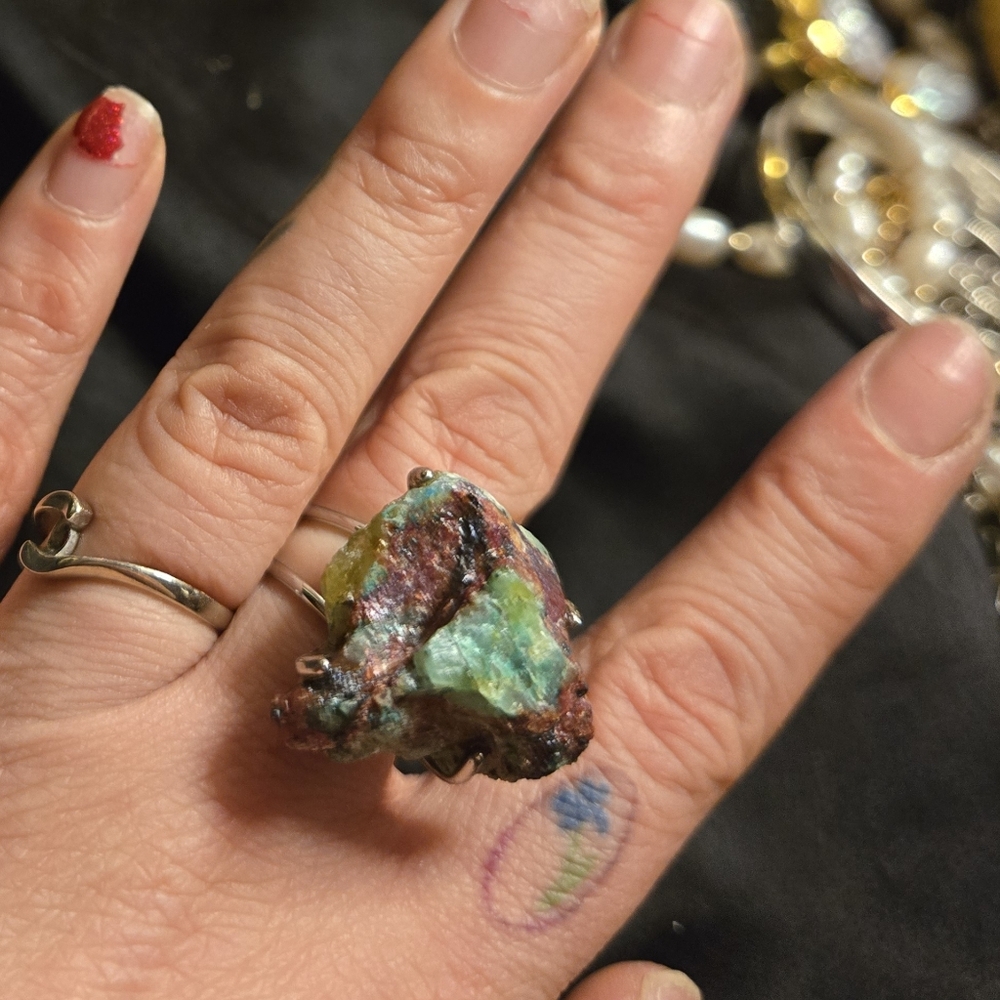 Raw Chrysocolla Copper Ore Statement Ring • Adjustable Silver Tone Boho Crystal